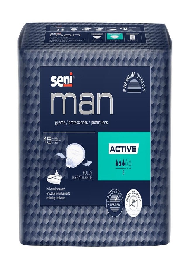 Seni Man Active Guards, Male Incontinence Bladder Control Pads, 8-9/10" x 10-3/5", 30 Count (2 Packs of 15), Moderate Absorbency with Adhesive Strip and Super Absorbent Core, for Men - Image 1